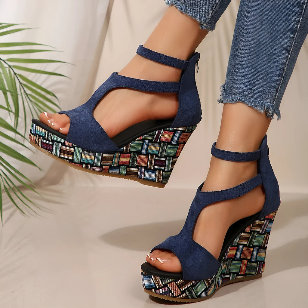 Women's thick-soled slope sandals with ankle-strap buckle in cloth upper and hemp-soled rubber construction