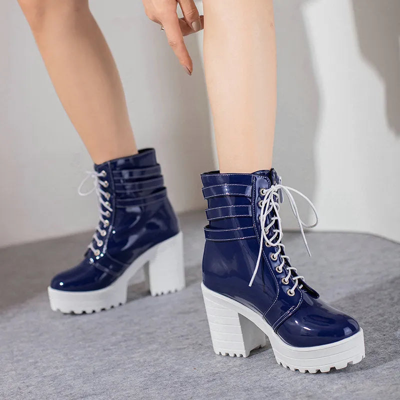 Women's waterproof winter boots with thick 6-8 cm heel and lace-up front in multiple colours