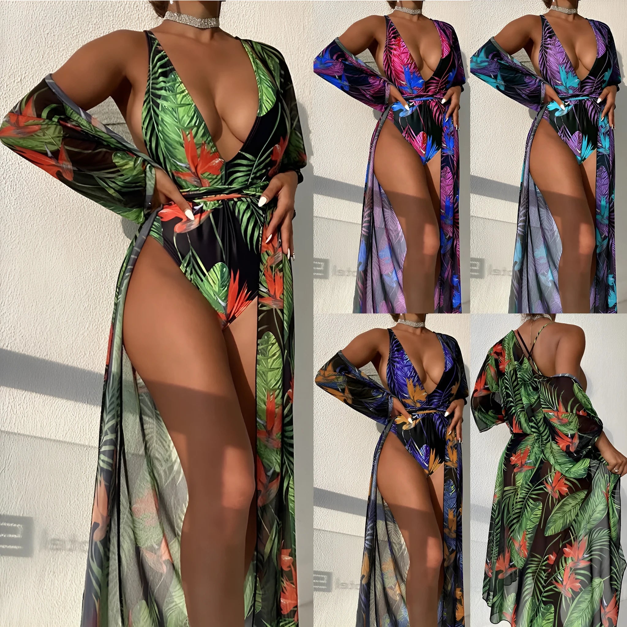 Women's three-piece polyester swimsuit set with cover-up coat in pattern options