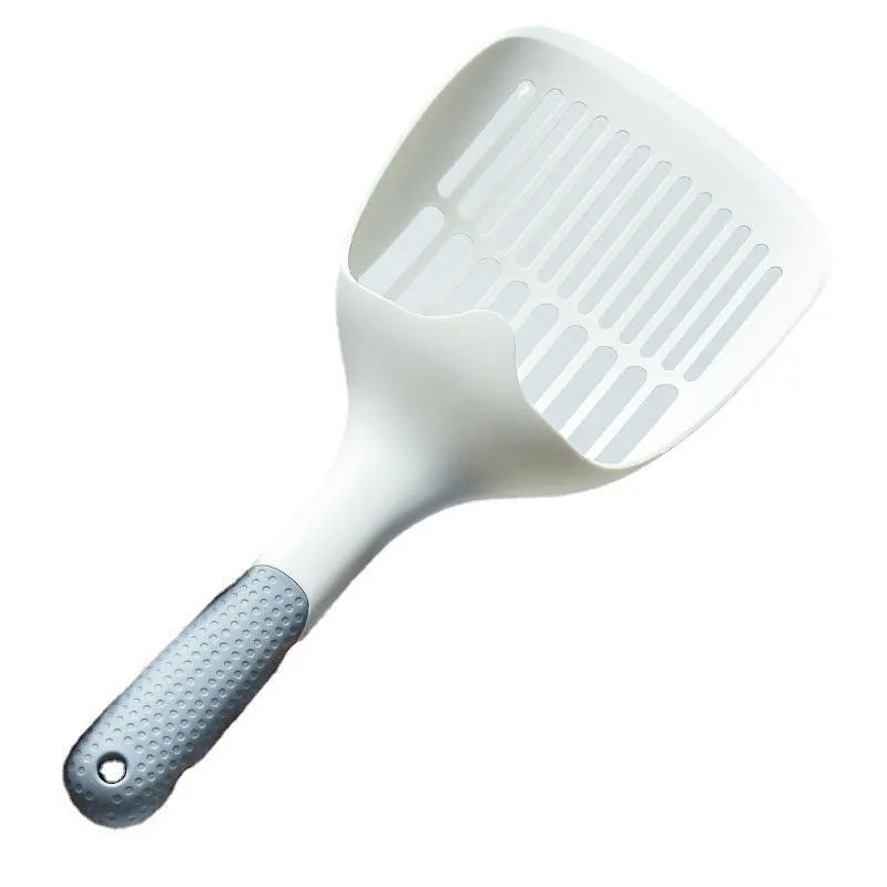 White plastic cat litter scoop with a self-cleaning base on a white background.