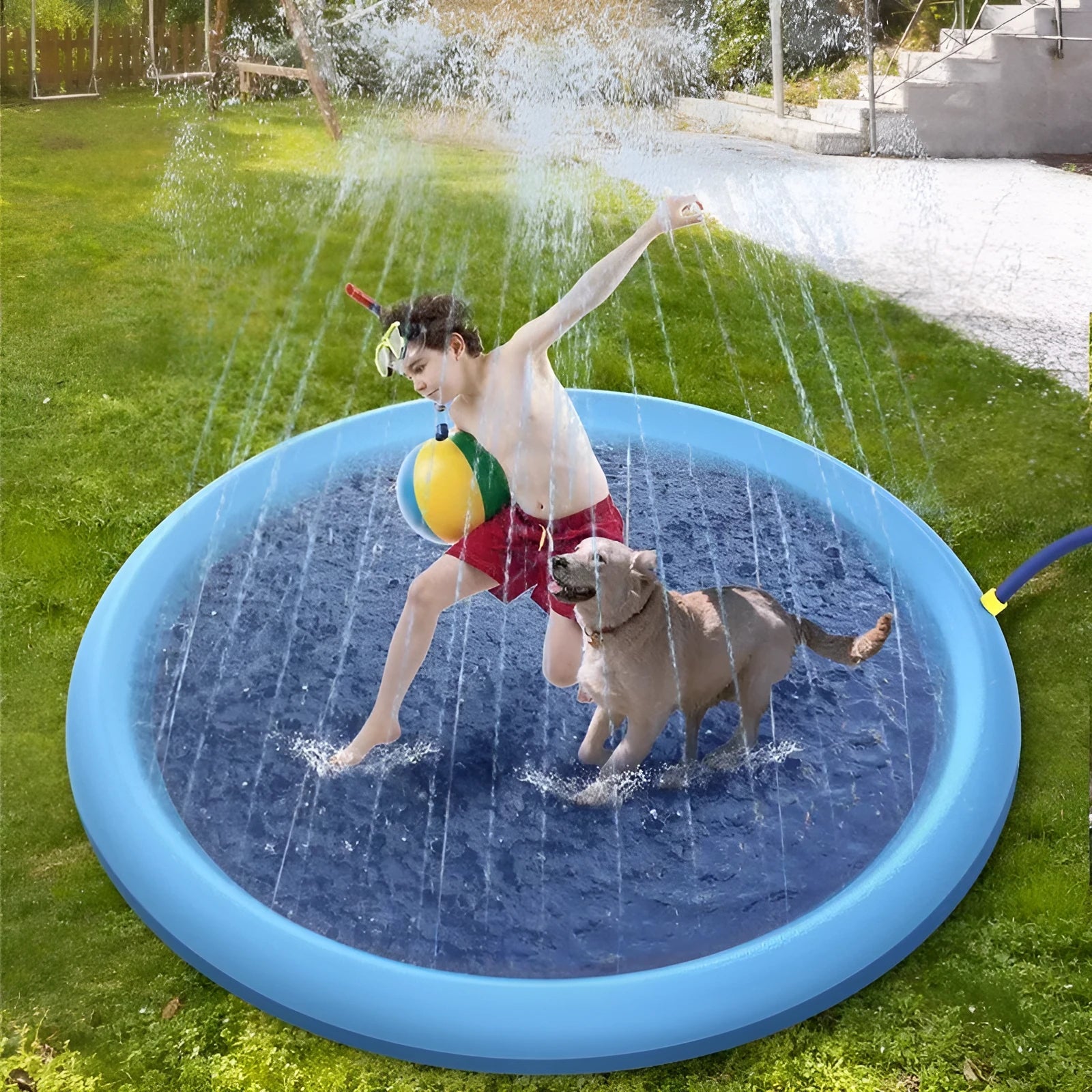Non-slip splash pad for kids and pet dogs blue PVC inflatable 150cm outdoor water spray play mat