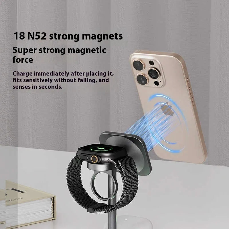 Three-in-one magnetic wireless charger with aluminium alloy body in black, red blue, or silver grey colour options.