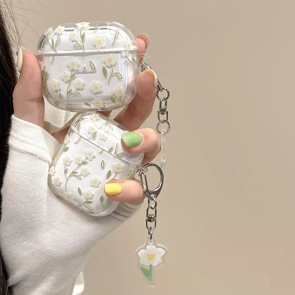White transparent floral TPU protective cover for Apple AirPods showing decorative elements