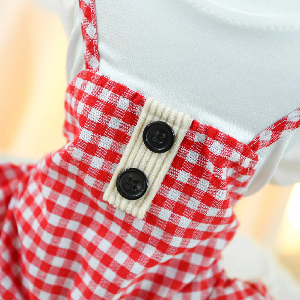 Fashion pet dog plaid overalls in black and white suspender style on a dog, polyester material