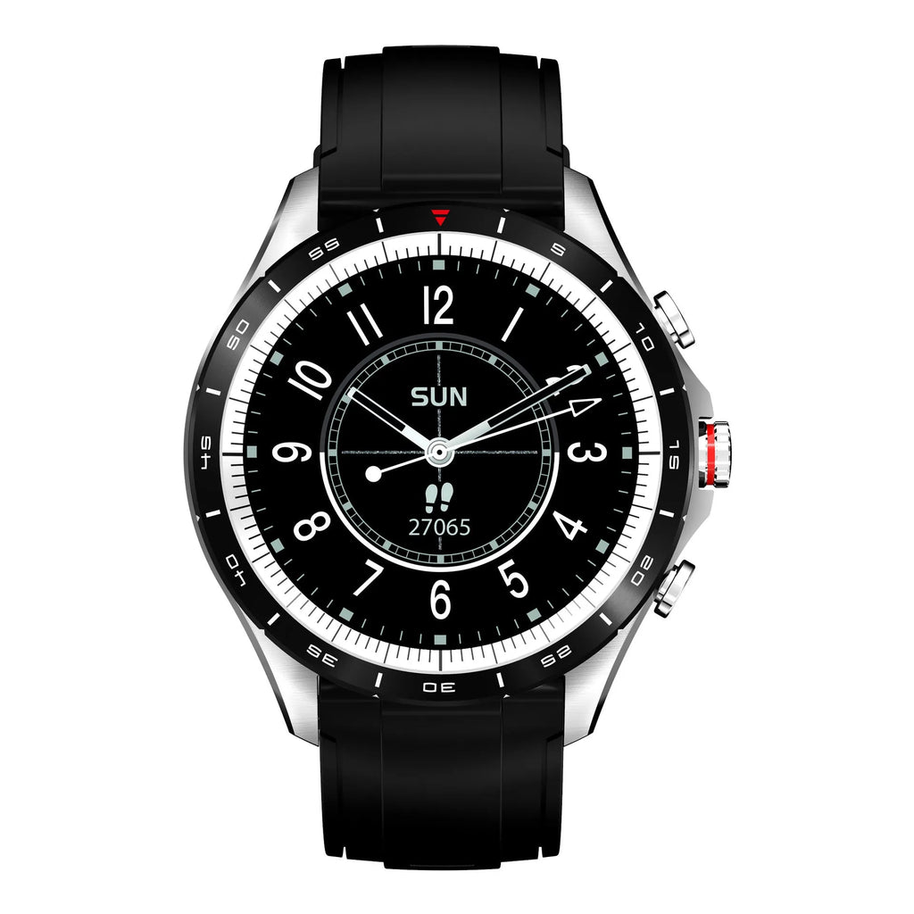 Men's black smart bracelet watch with zinc alloy screen and silicone wristband on a wrist.