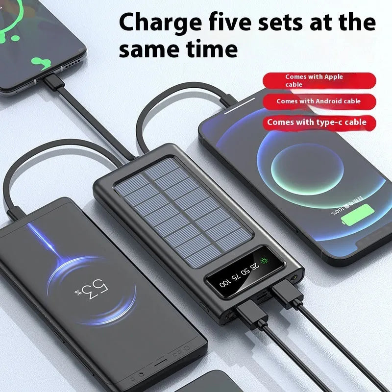Solar power bank with four attached charging cables in black or white colour options