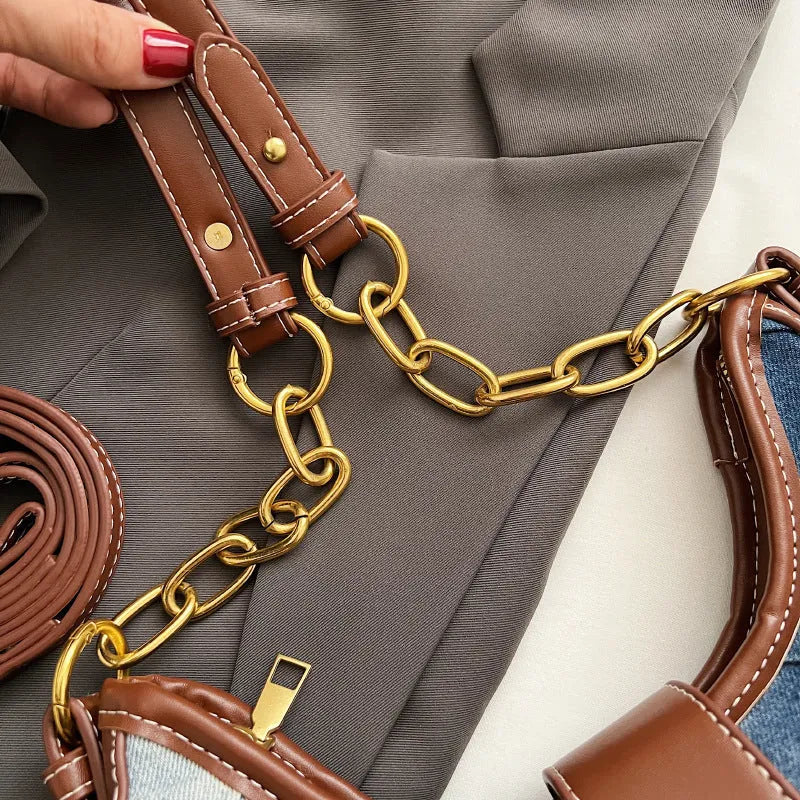 Brown denim women's shoulder bag with diamond mesh panels and chain straps