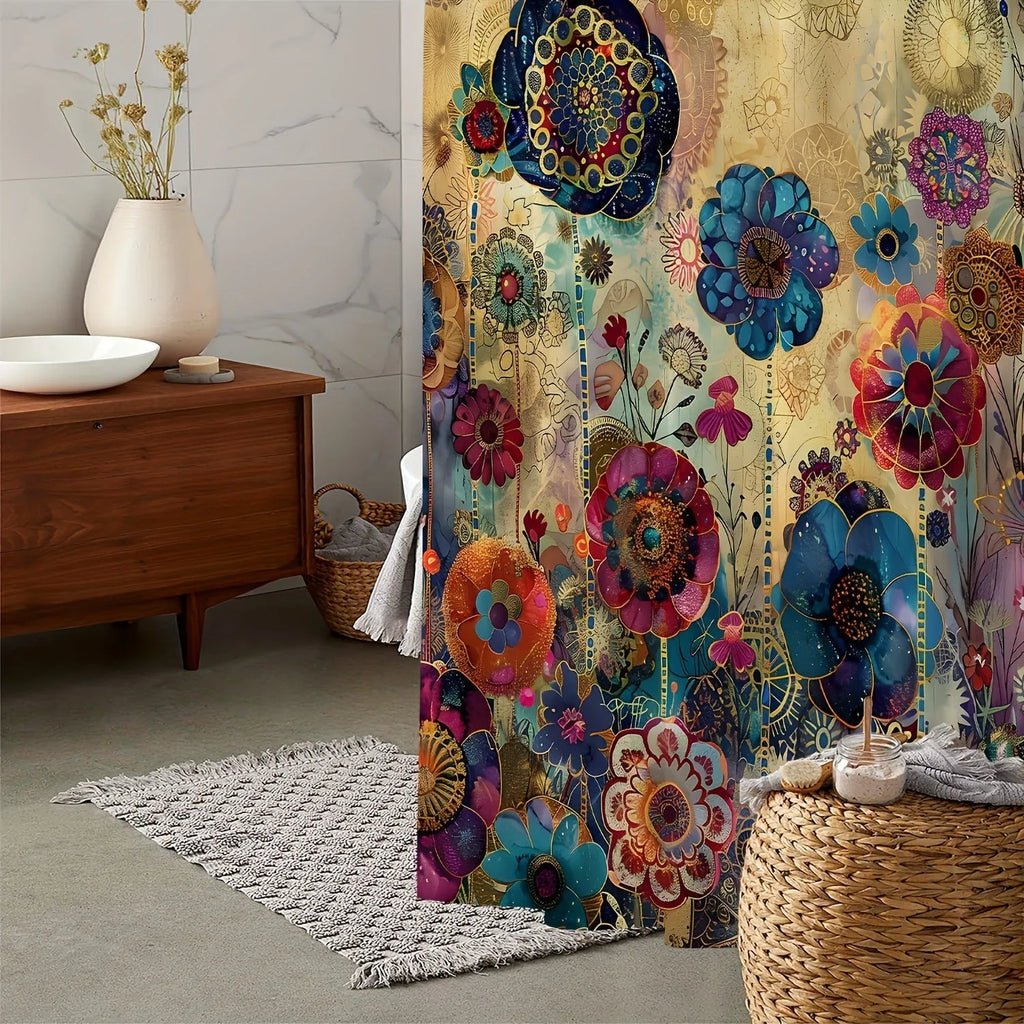 Retro creative flower printed waterproof polyester shower curtain with 12 hooks, available in widths from 90cm to 230cm and a 180cm drop.