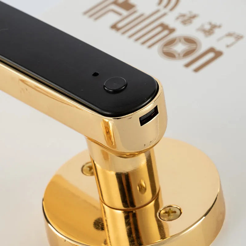 Smart door lock in black with fingerprint sensor in handle, supporting app, password and key unlocking