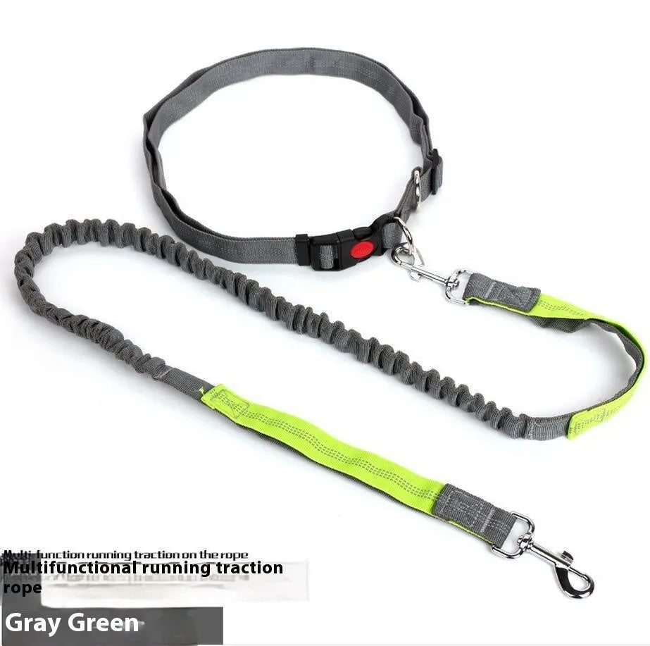 Grey and green hands-free running dog leash with reflective strips and elastic sling design