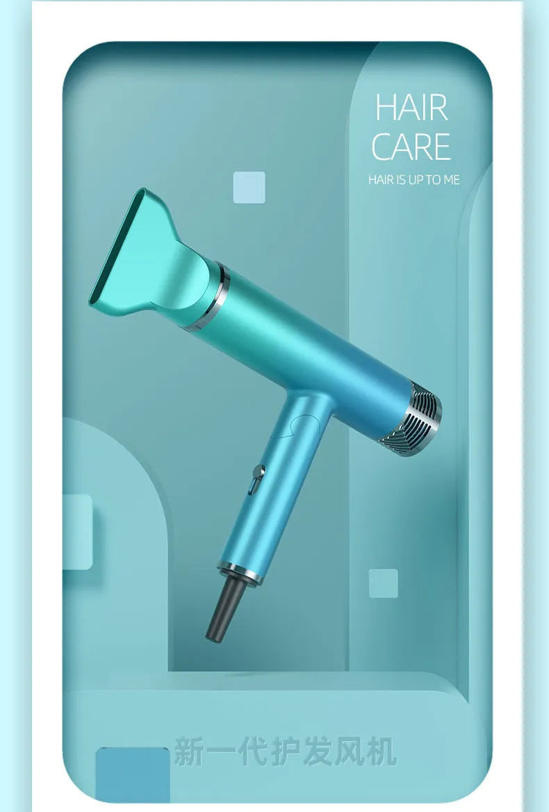 Green foldable hair dryer with collapsed handle next to a suitcase.