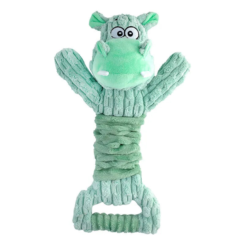 Large green plush hippo dog toy with a handle, shown as an interactive squeaky and crinkle chew toy