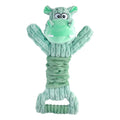 Large green plush hippo dog toy with a handle, shown as an interactive squeaky and crinkle chew toy