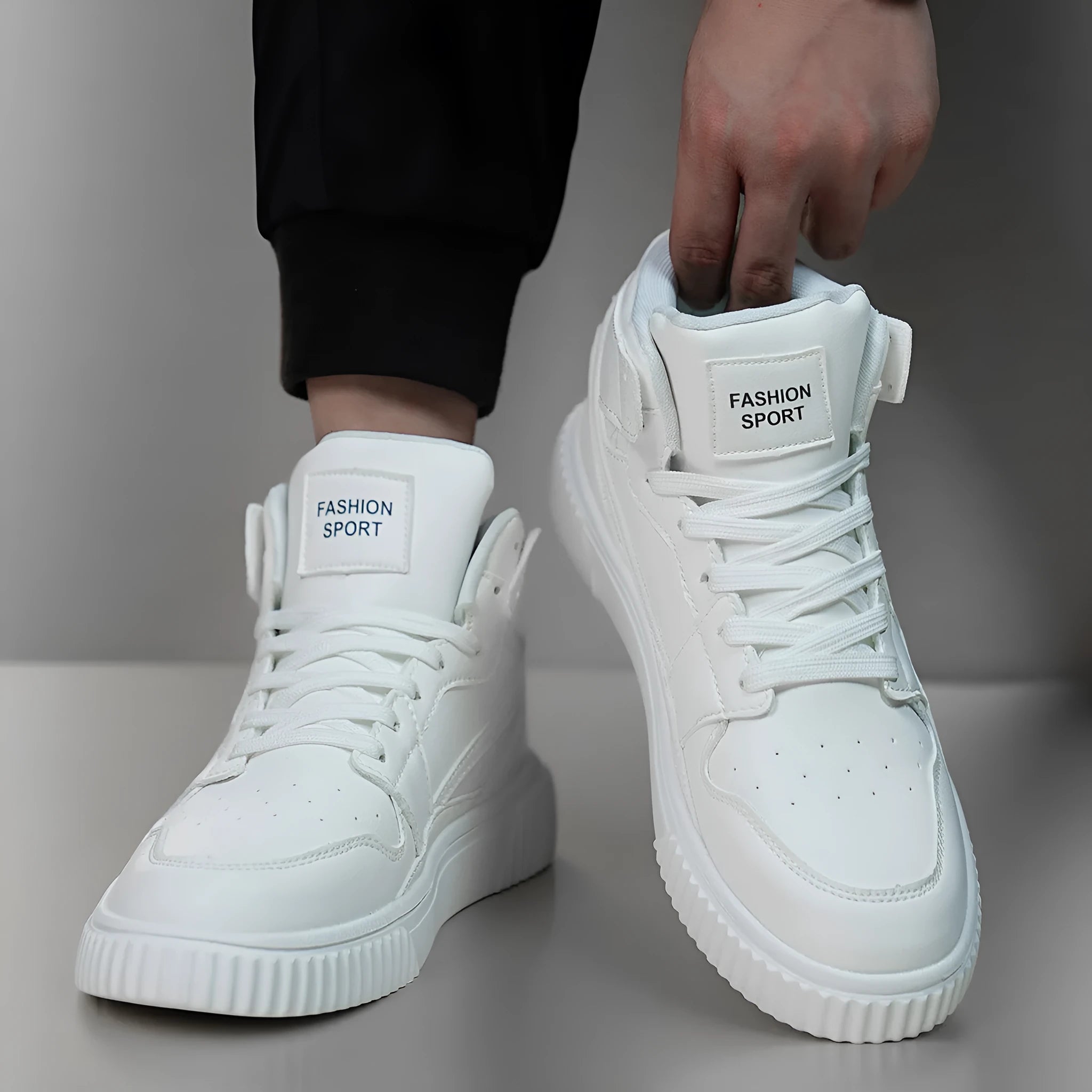 Men's white microfiber leather casual shoes with round toe design on neutral background