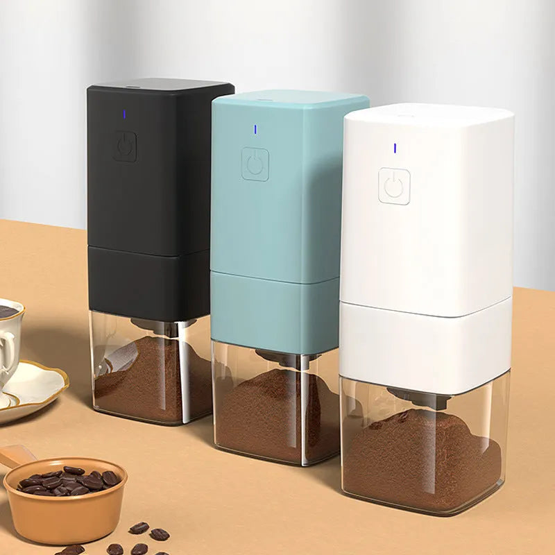 Square electric coffee bean grinder in black with USB Type-C charging port and copper motor, 25-30g capacity