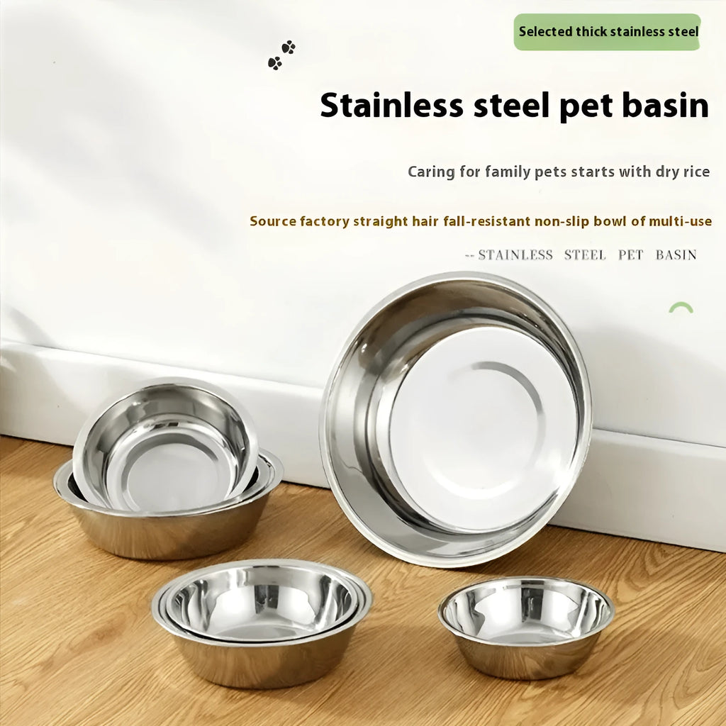 Stainless steel pet food bowl with grey silicone non-slip base, shown in multiple available sizes.