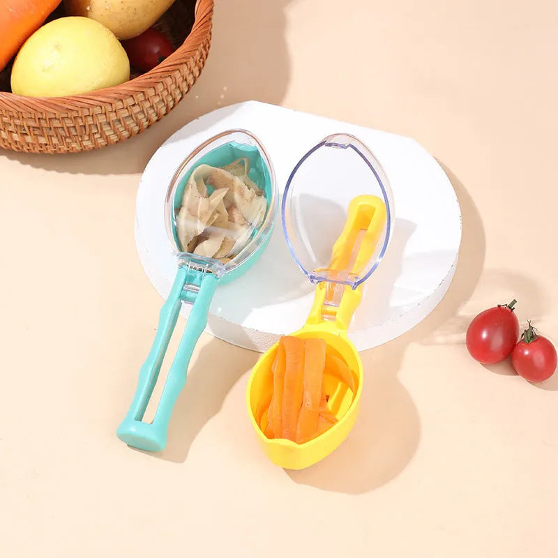 Yellow peeling knife with a blade cover, next to a potato on a kitchen counter