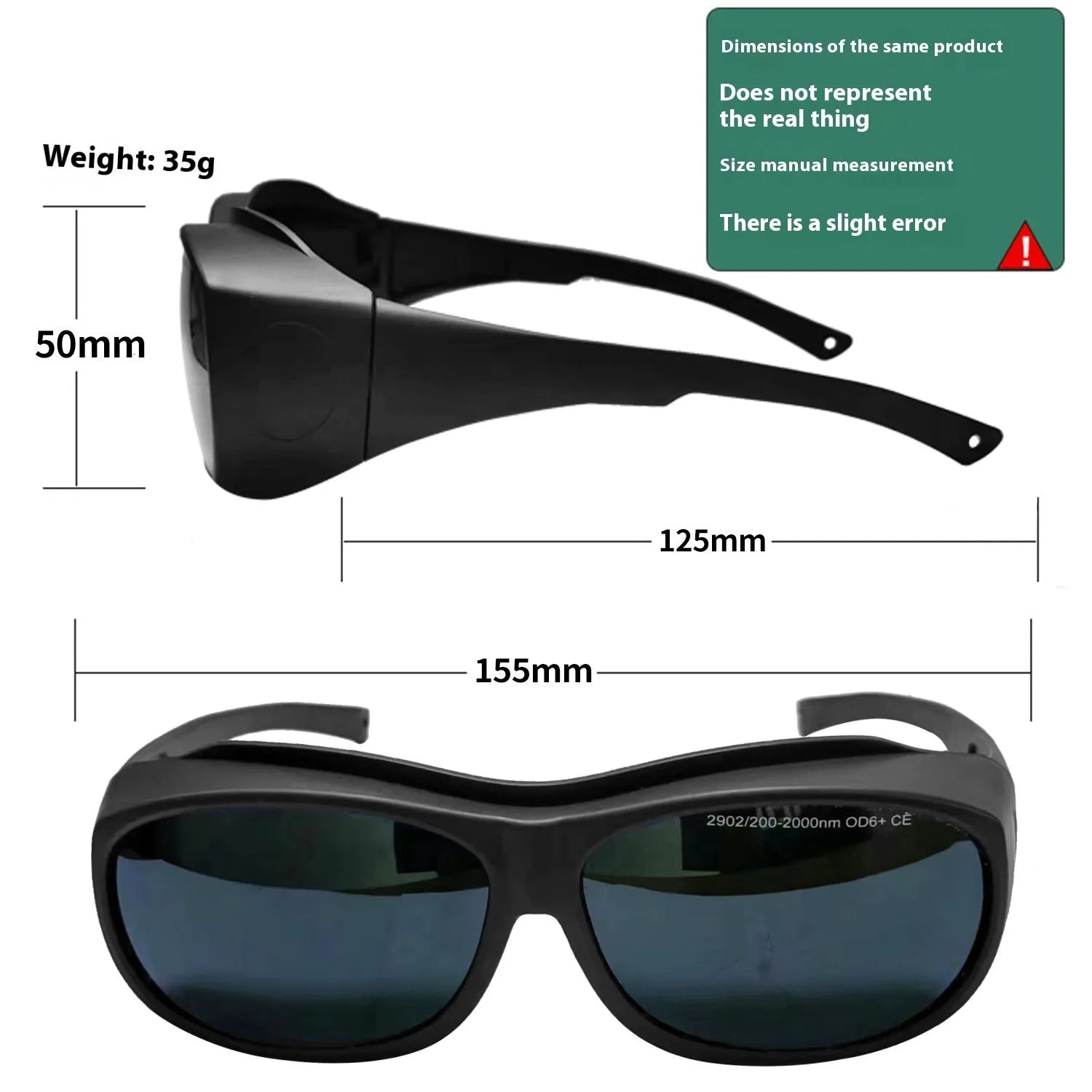 A pair of clear laser and welding safety goggles with a soft cleaning cloth on a dark background.