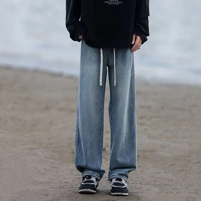 Men's blue straight-leg denim trousers with drawstring waist for casual spring summer wear