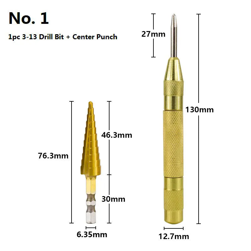 High-speed steel cone step drill bits and a centre punch laid out on a workbench.