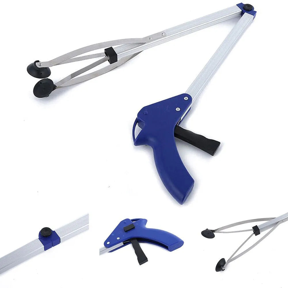 Aluminium alloy folding litter picker, 81cm extended, 8cm rubber jaws, blue and red options