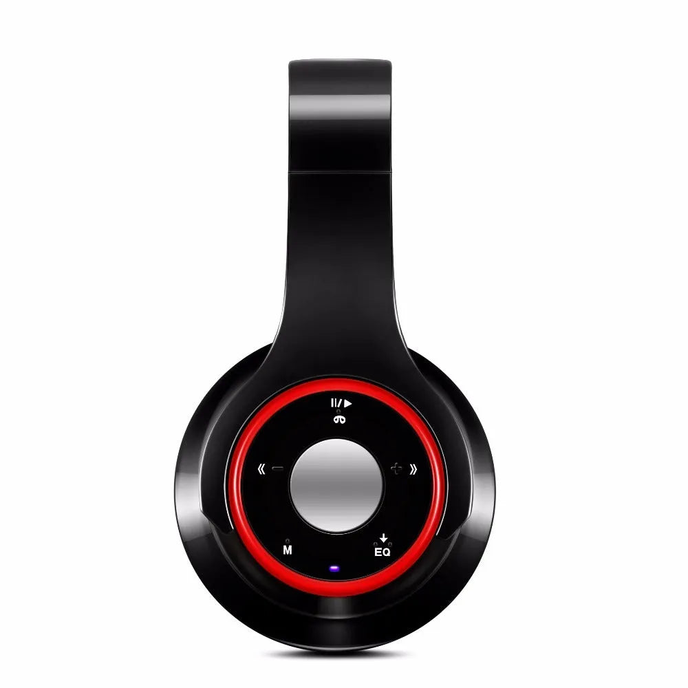 Blue foldable wireless Bluetooth headset with adjustable hinges and a 3.5mm audio jack.