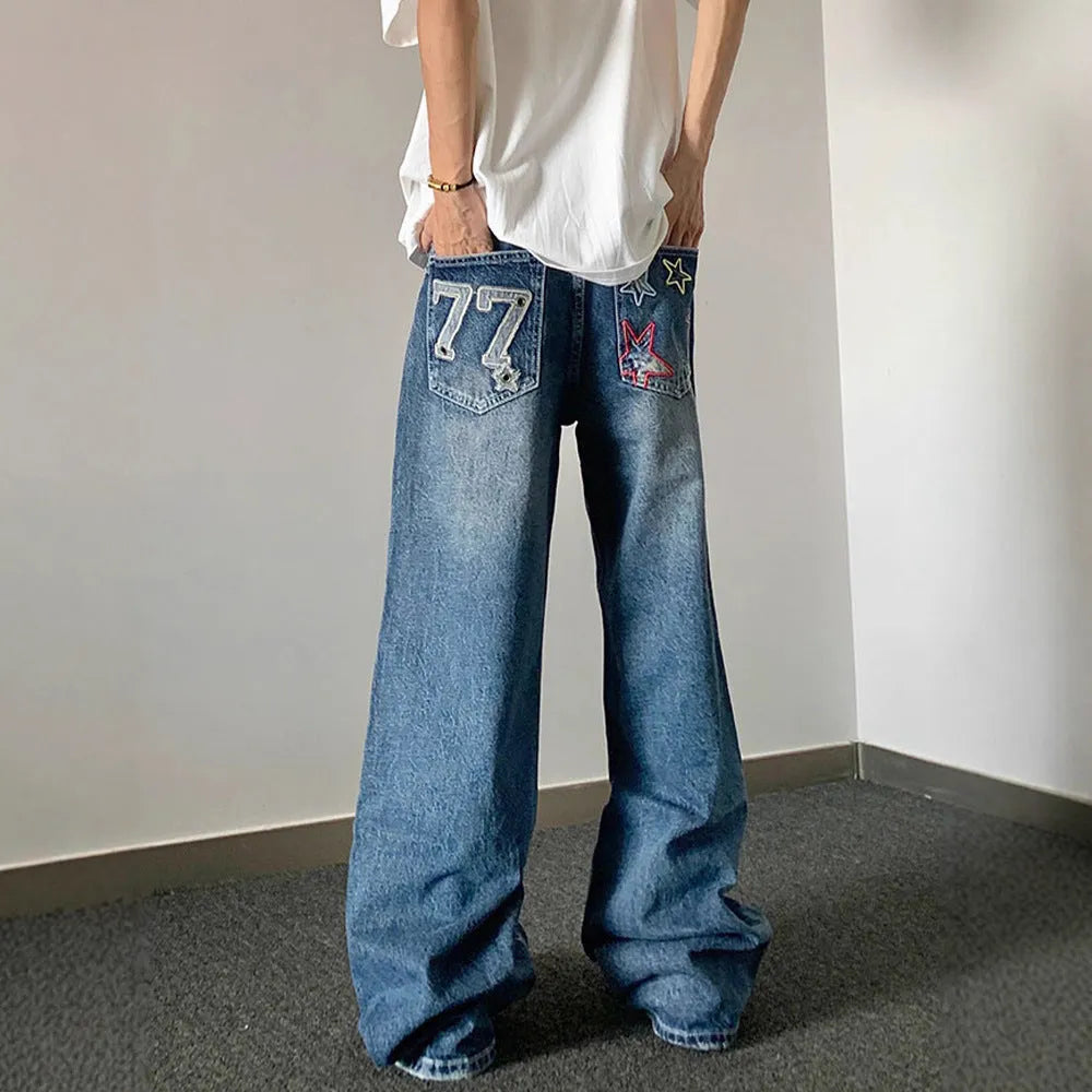 Designer embroidered high-waisted retro loose slimming trousers in blue cotton blend for teenagers