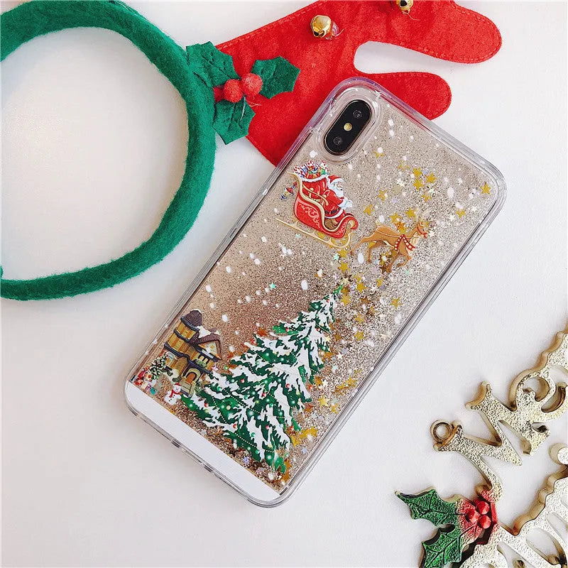 Christmas quicksand design phone case with Santa Claus pattern for iPhone and Samsung devices