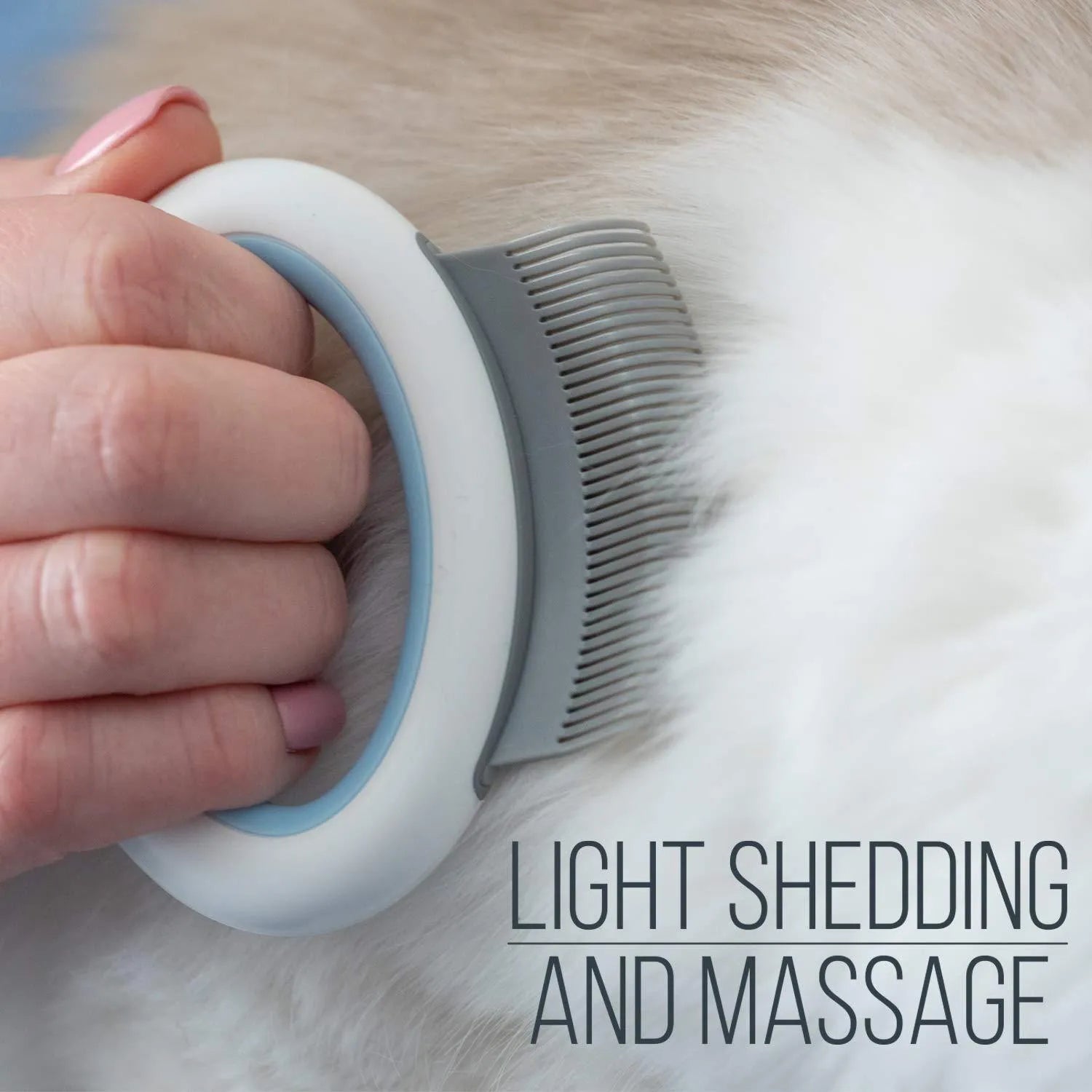 Blue pet grooming comb with ergonomic handle and soft teeth for cats and dogs on a white background.