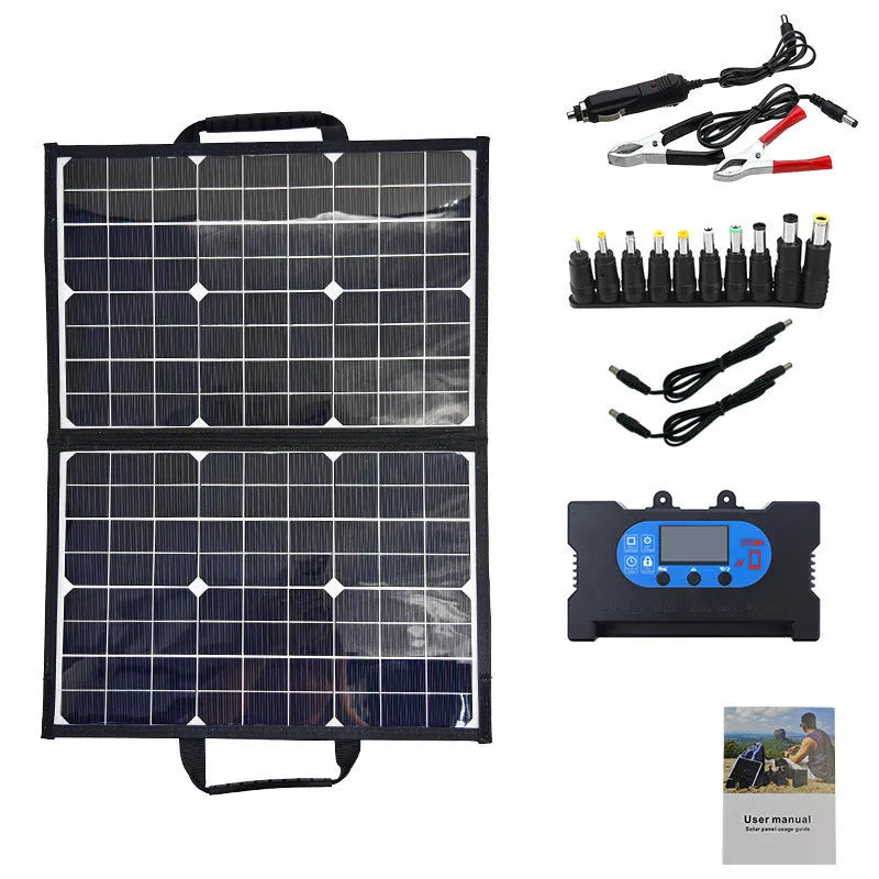 Black folding bag containing a 40W single crystal solar panel, shown folded to 425x285x8mm size.