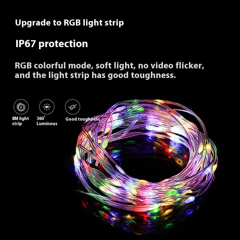 Rechargeable outdoor LED string lights with 30 beads on an 8m cord, showing warm white and colour-changing modes.