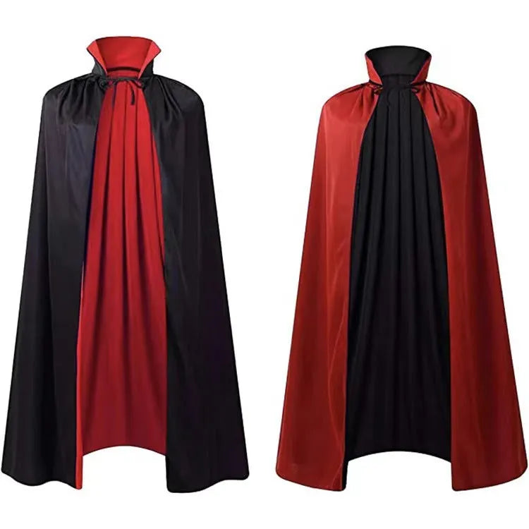 Children's black satin hooded cloak costume with gold and purple colour options