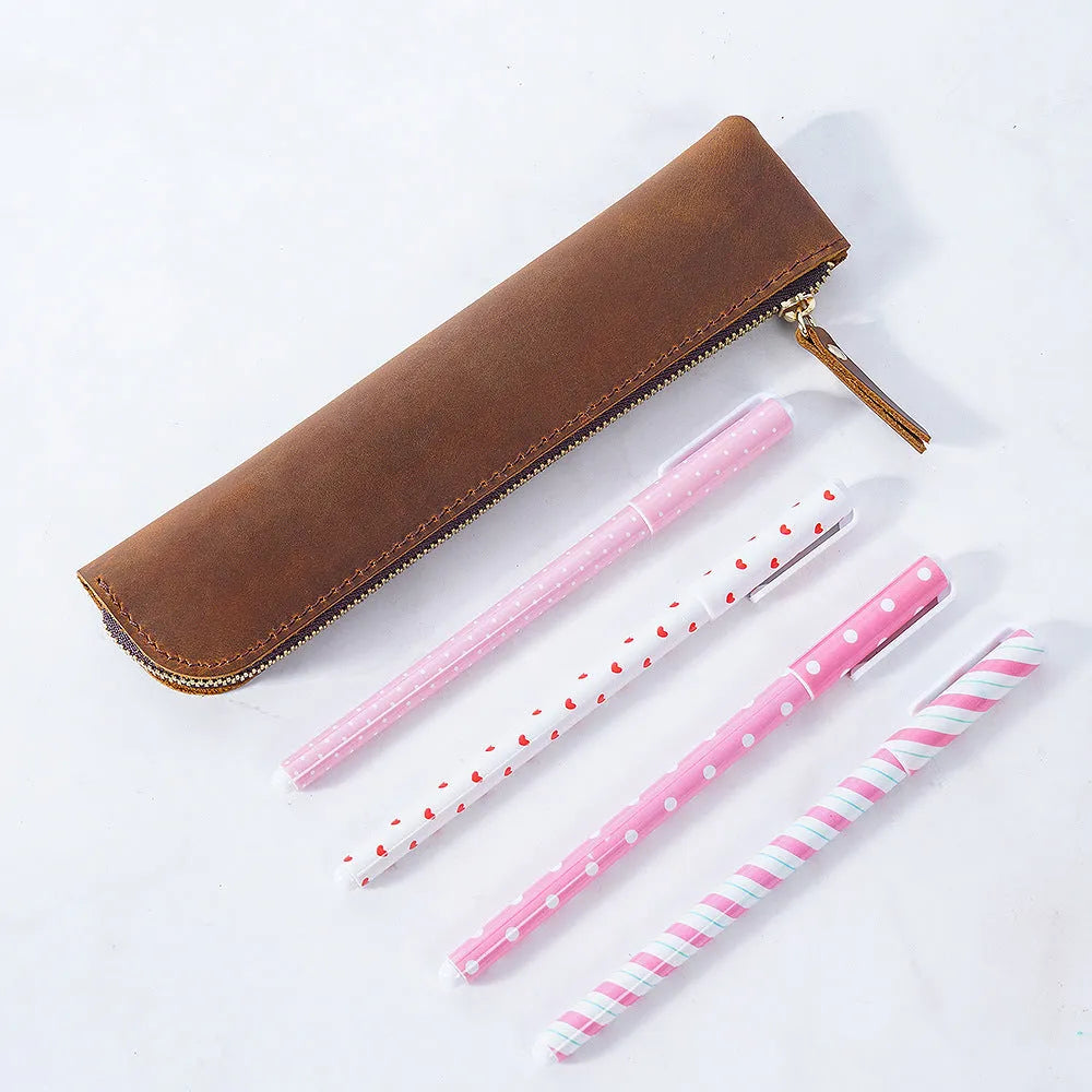 Cowhide retro pencil case 200mm x 45mm in Crazy Horse Brown with square shape and zipper closure