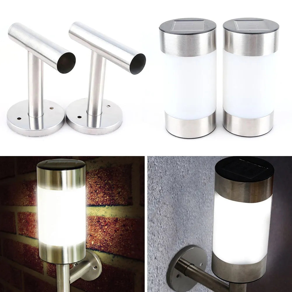 White solar wall light with stainless steel mount measuring 7.6x12x25cm