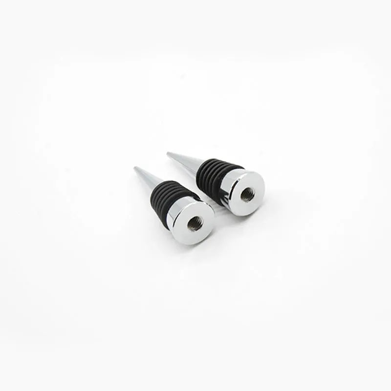 Silver zinc alloy wine bottle stopper with M8 M10 threaded base and silicone seal.