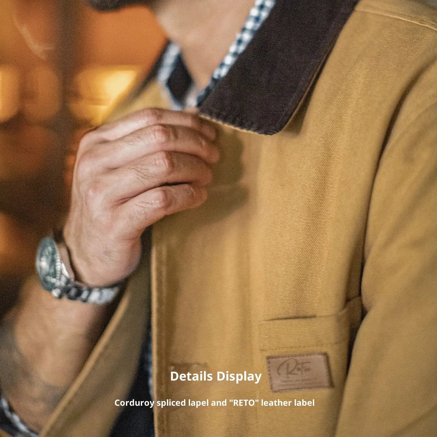 Men's cotton trench coat mid-length in solid khaki colour with loose fit, shown front view