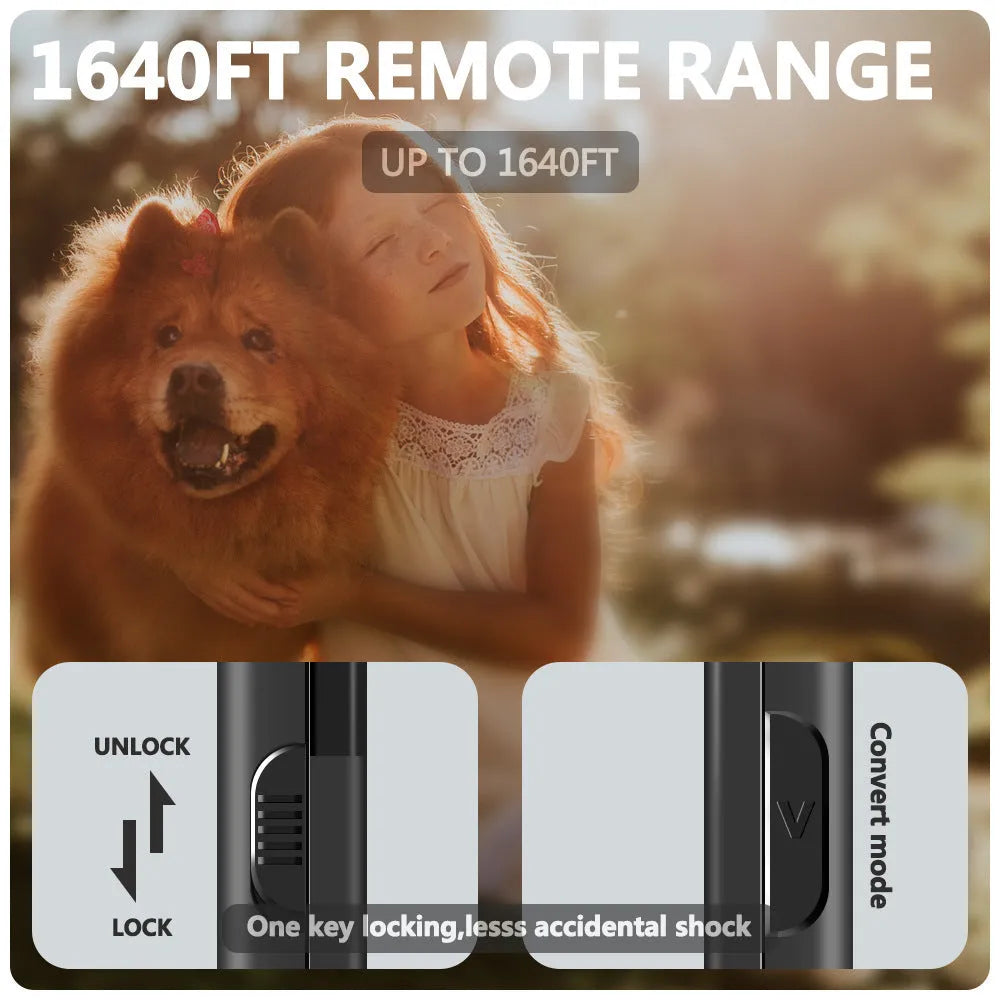 Wireless bark stopper dog training system with remote control and receiver collar, featuring colour screen display