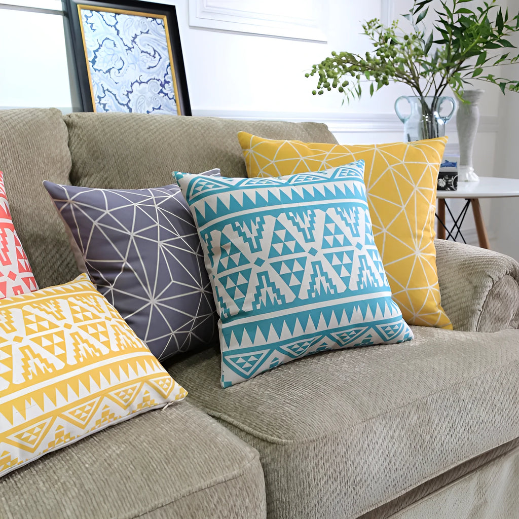 Nordic geometric throw pillowcase in blended fabric, 45x45cm square size, on a sofa with warm tones