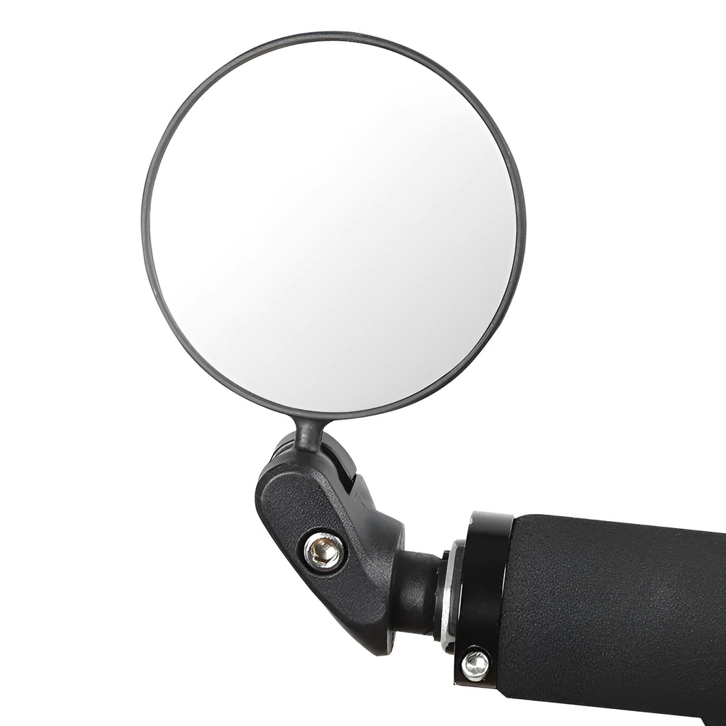 Black universal bicycle handlebar rearview mirror with convex acrylic lens and 360 degree adjustment