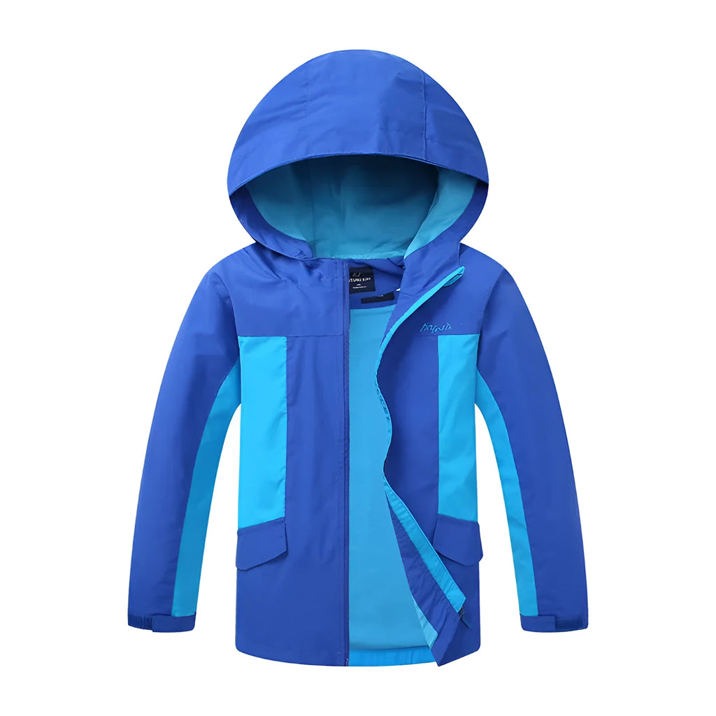 Blue lightweight boys' jacket with long sleeves and a zip, shown on a hanger.