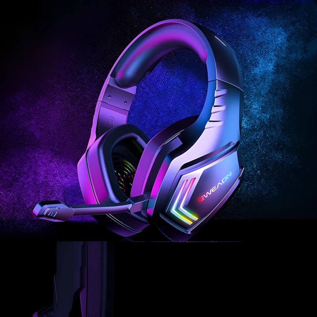 Black wireless Bluetooth headset with RGB lighting on the ear cups.
