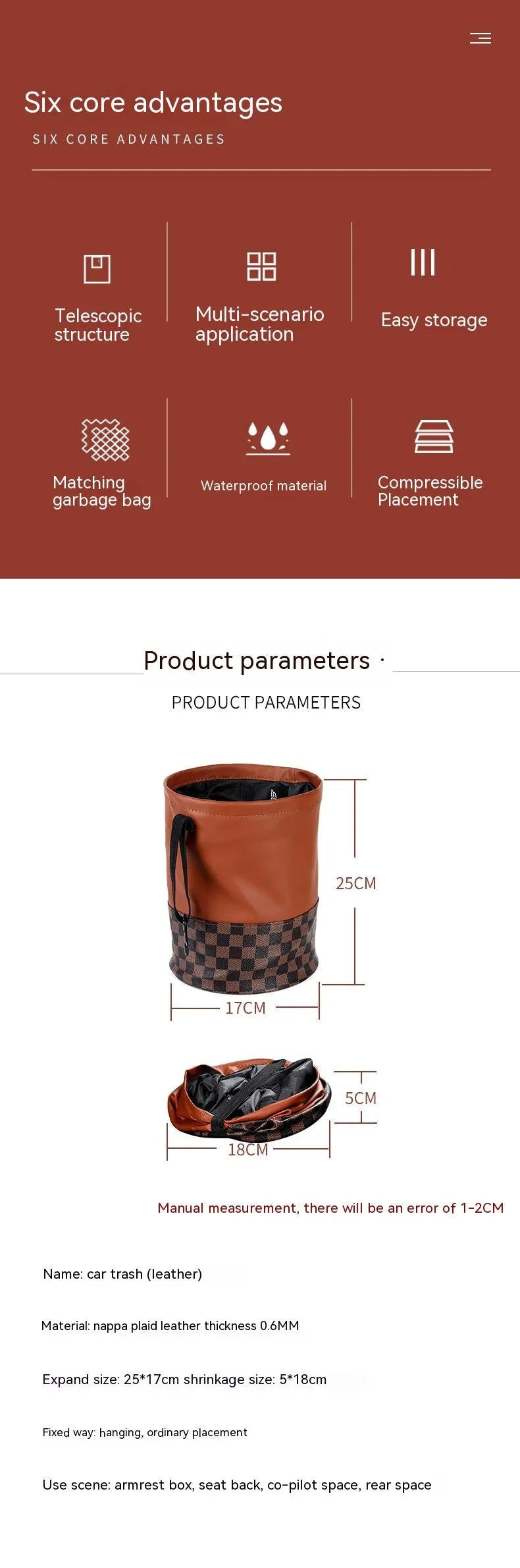Brown leather folding interior trash can with a retractable handle, shown unfolded.