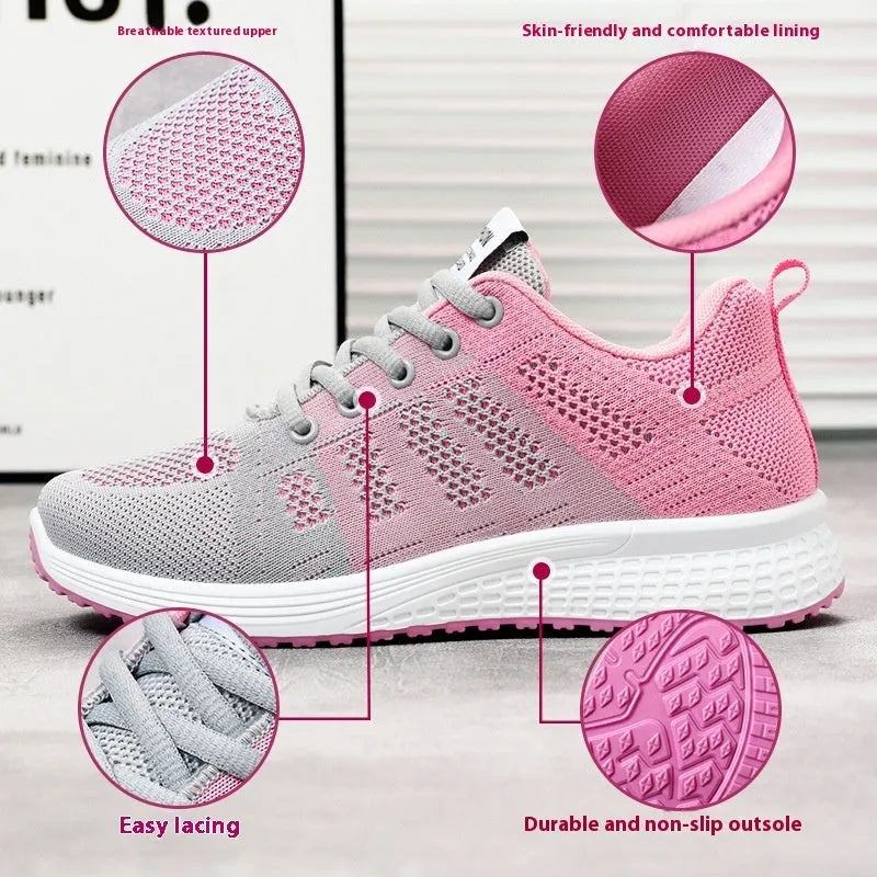 Women's Flyknit running shoe in black, rose red, or gray pink with soft sole and flat heel.