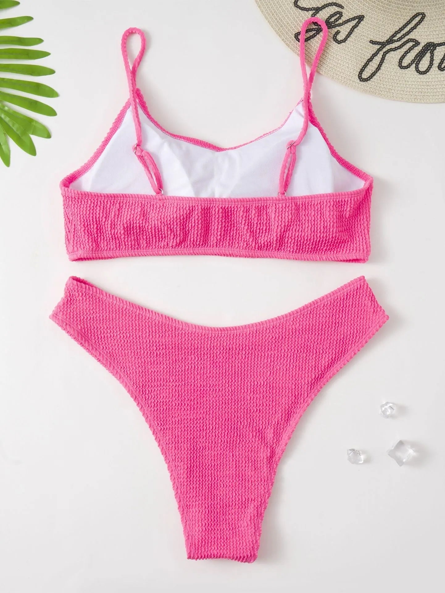 Plus-size solid pink bikini swimsuit with chest pad for women, polyester fabric, sizes L to 4XL