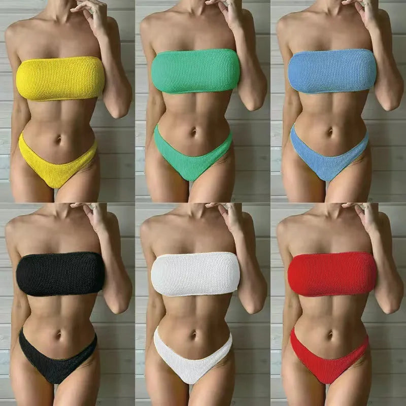 Women's solid colour high waist tube top bikini swimsuit in snake cloth nylon fabric