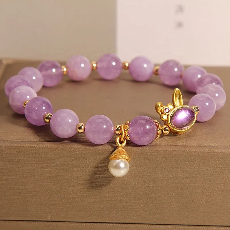 Mauve jade crystal rabbit bracelet with hare head charm in Mori style