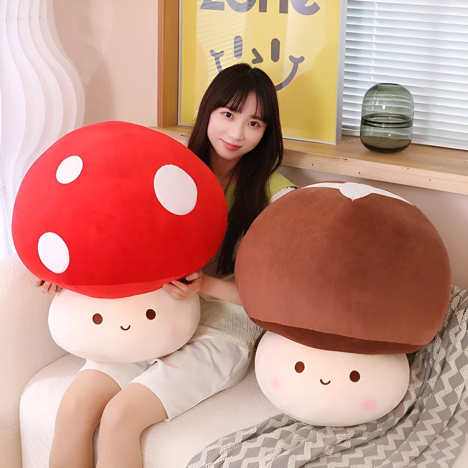 Children's mushroom plush pillow toy made of PP cotton, available in 23cm 30cm 60cm heights and mushroom colours