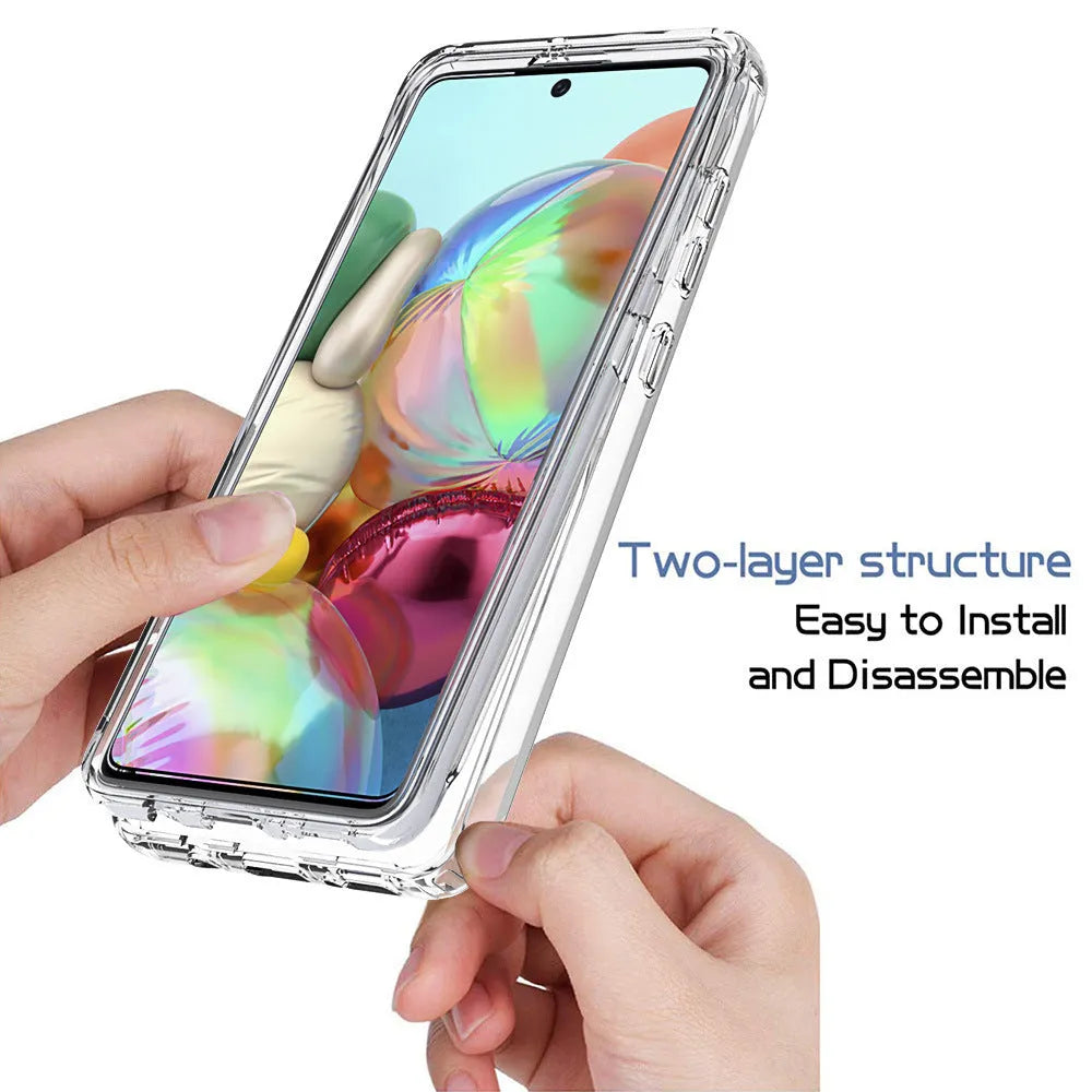 Transparent Samsung Galaxy phone case showing front and back views on a phone.