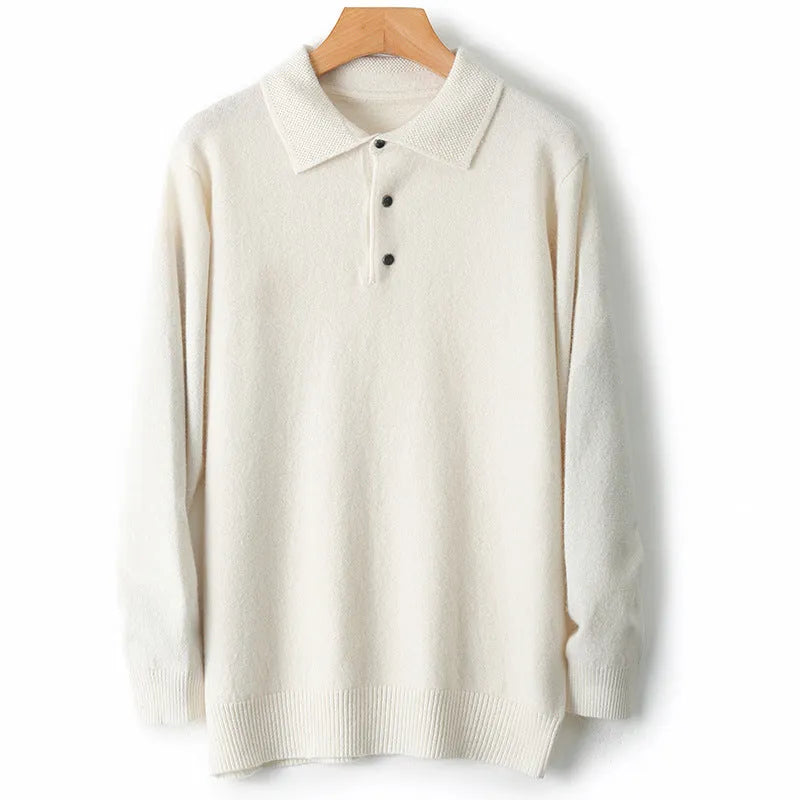 Men's grey woolen polo collar pullover sweater with textured collage stitching on the chest.