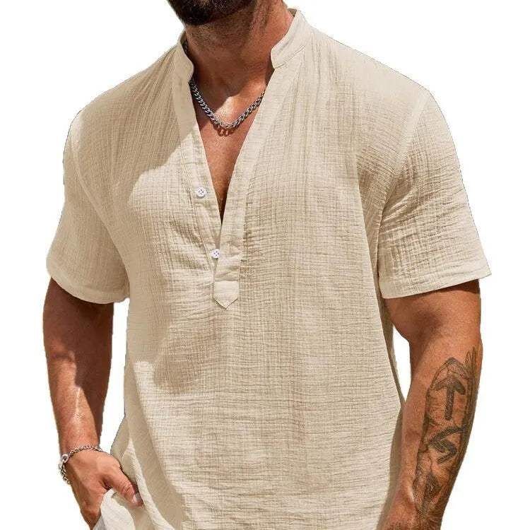 Men's solid colour short-sleeved stand collar casual shirt on a hanger.